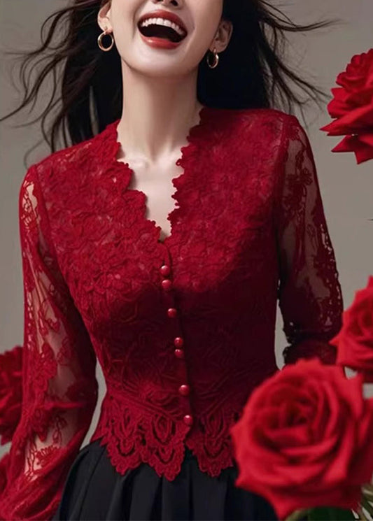 Fit Frühling Hals Tops Spitze Shirt Slim V Rot Französisch