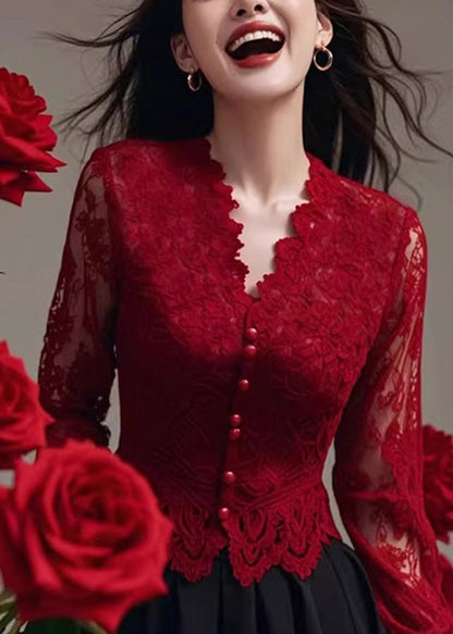 Fit Frühling Hals Tops Spitze Shirt Slim V Rot Französisch