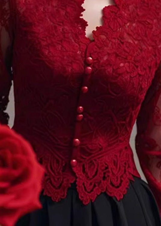 Fit Frühling Hals Tops Spitze Shirt Slim V Rot Französisch