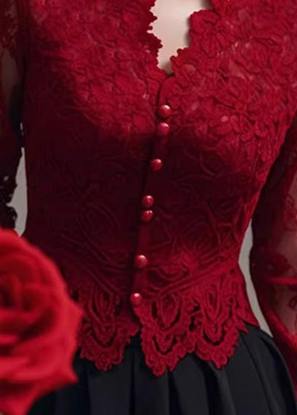 Fit Frühling Hals Tops Spitze Shirt Slim V Rot Französisch