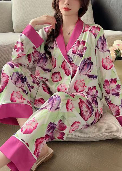 French Rose Peter Pan Kragen Print Ice Silk Pyjamas 2-teiliges Outfit Frühling YK018