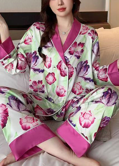 French Rose Peter Pan Kragen Print Ice Silk Pyjamas 2-teiliges Outfit Frühling YK018