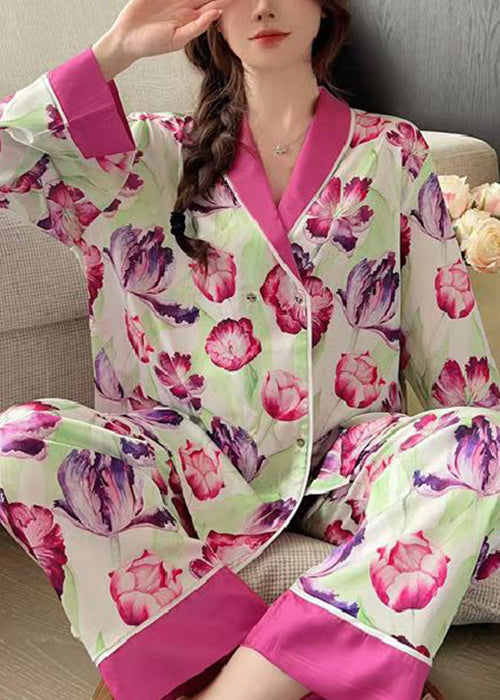 French Rose Peter Pan Kragen Print Ice Silk Pyjamas 2-teiliges Outfit Frühling YK018