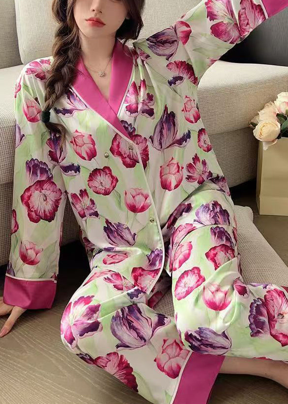 French Rose Peter Pan Kragen Print Ice Silk Pyjamas 2-teiliges Outfit Frühling YK018