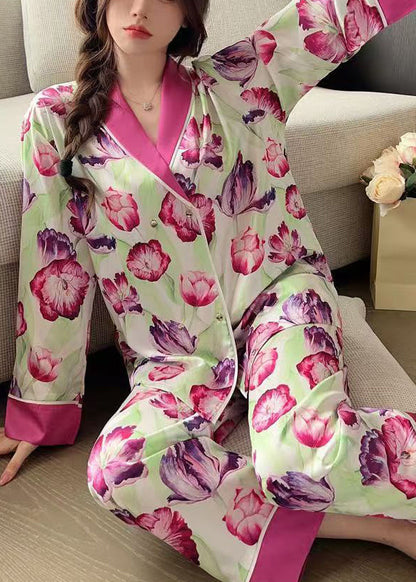 French Rose Peter Pan Kragen Print Ice Silk Pyjamas 2-teiliges Outfit Frühling YK018