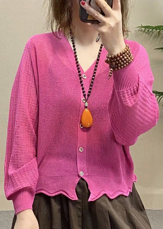 French Rose V Neck Button Ice Silk Knit Top Long Sleeve Ada Fashion