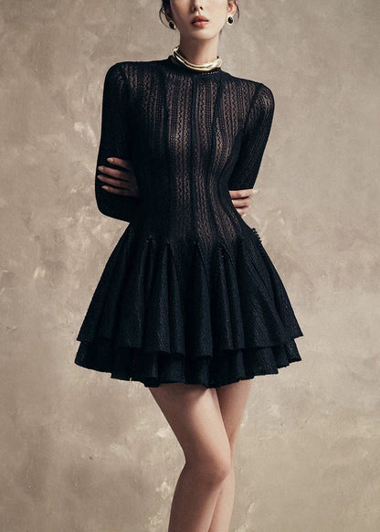 Robe mi-longue noire à col rond et coupe slim en dentelle froissée, printemps TY032