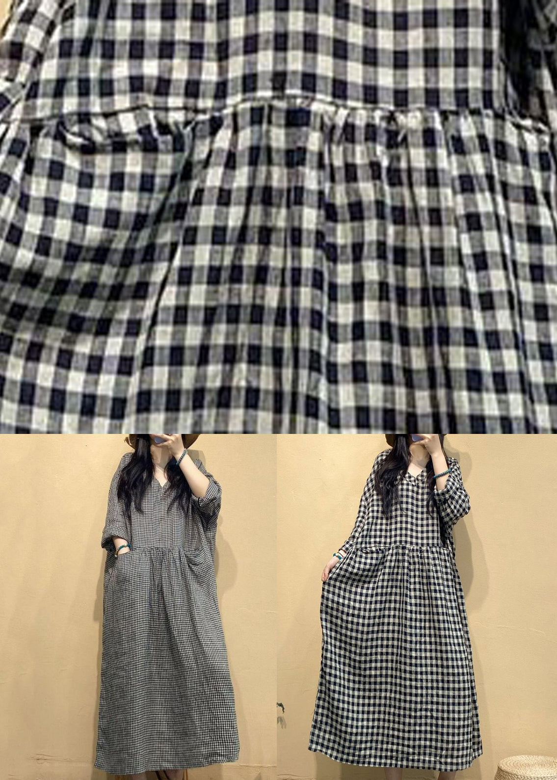 French Small Plaid V Neck Linen Long Dresses Fall AU1054