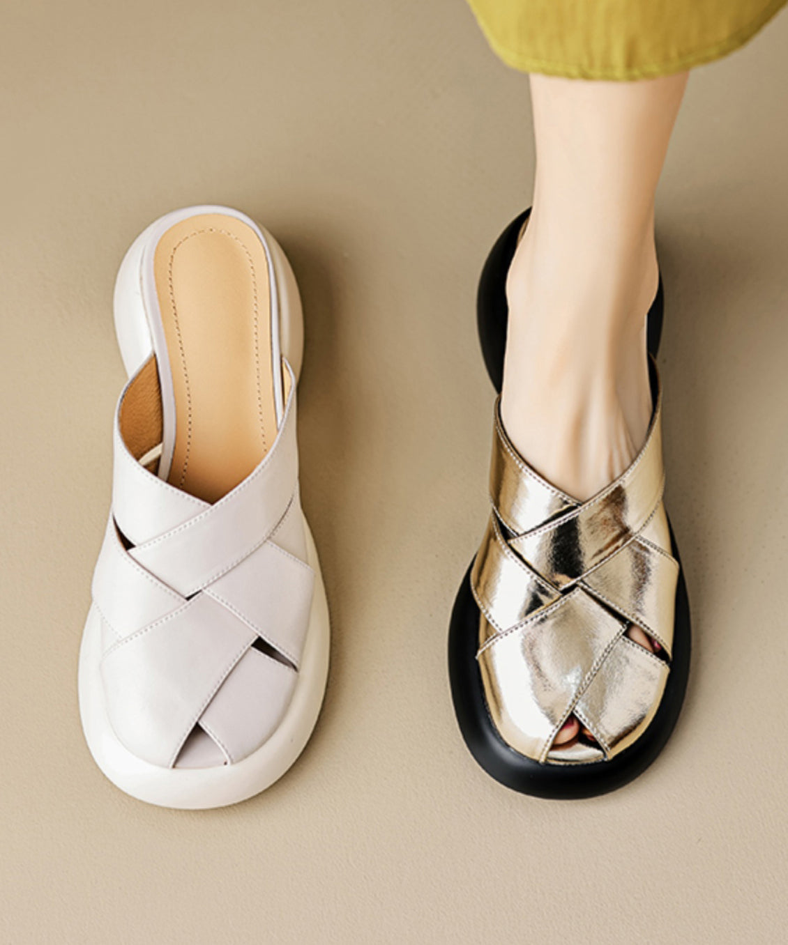 Leather Slide Sandals Splicing French Cowhide Platform White
