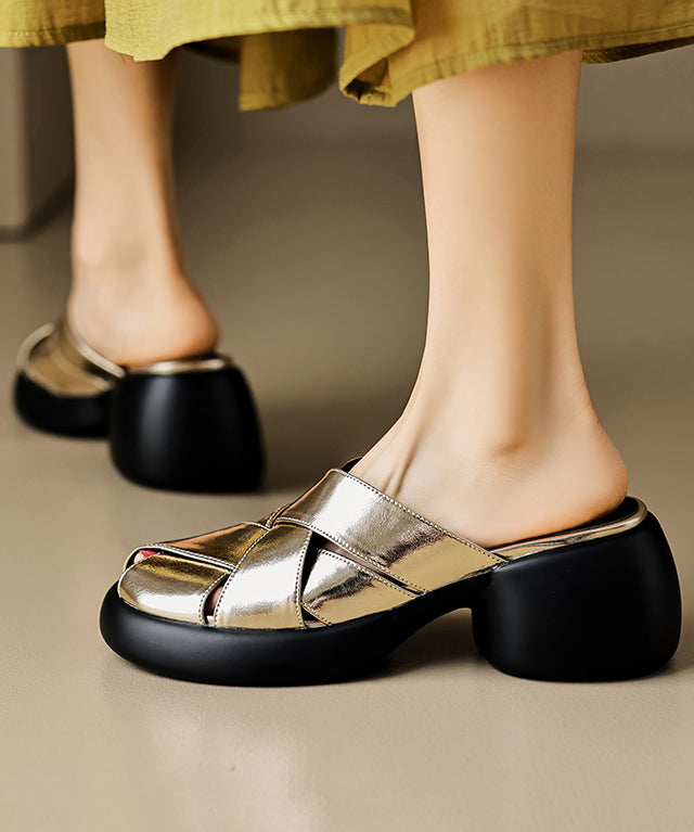 Leather Slide Sandals Splicing French Cowhide Platform White