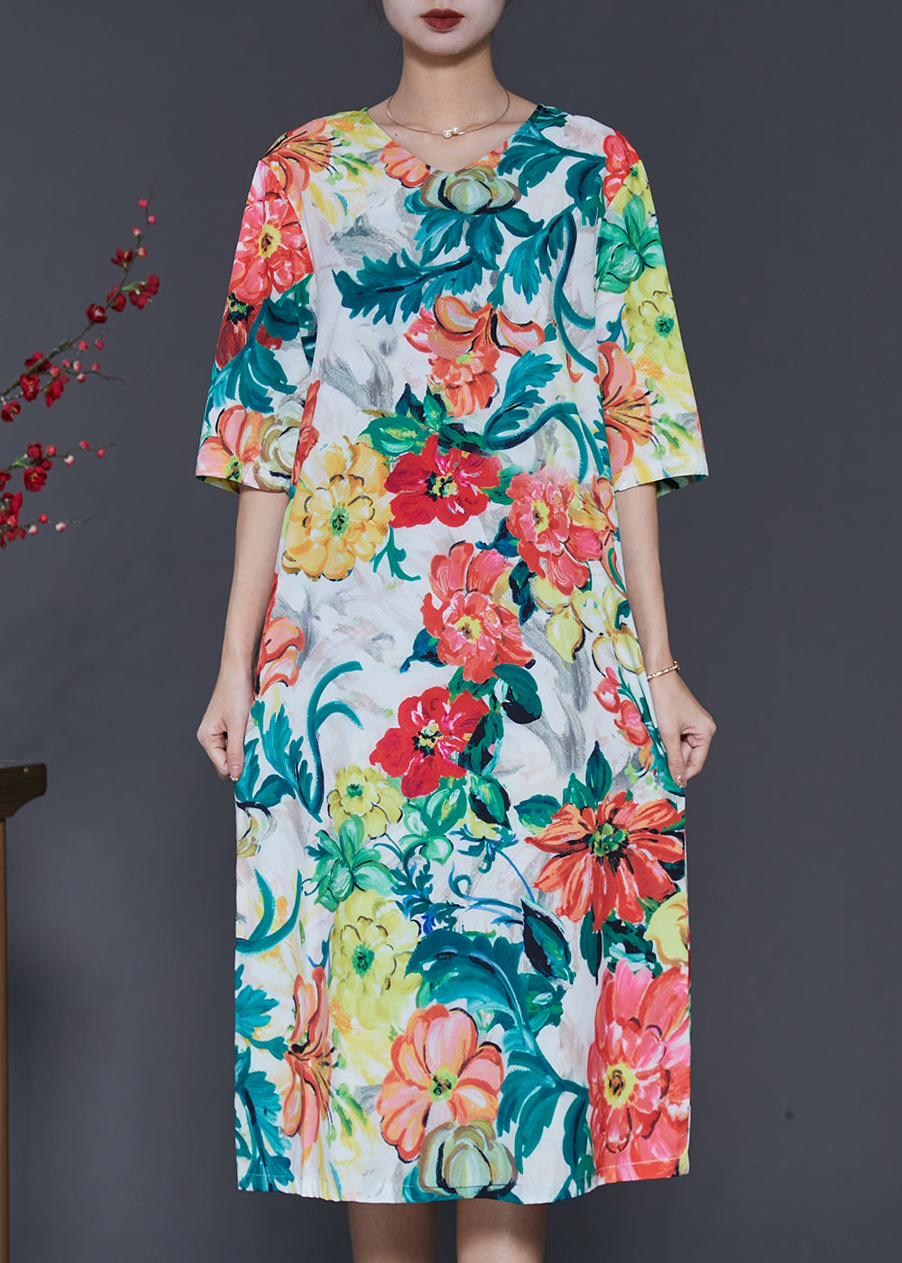 French V Neck Floral Print Silk Dress Half Sleeve SD1035