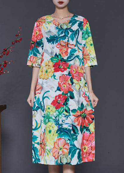 Robe en soie à imprimé floral et col en V à manches courtes SD1035