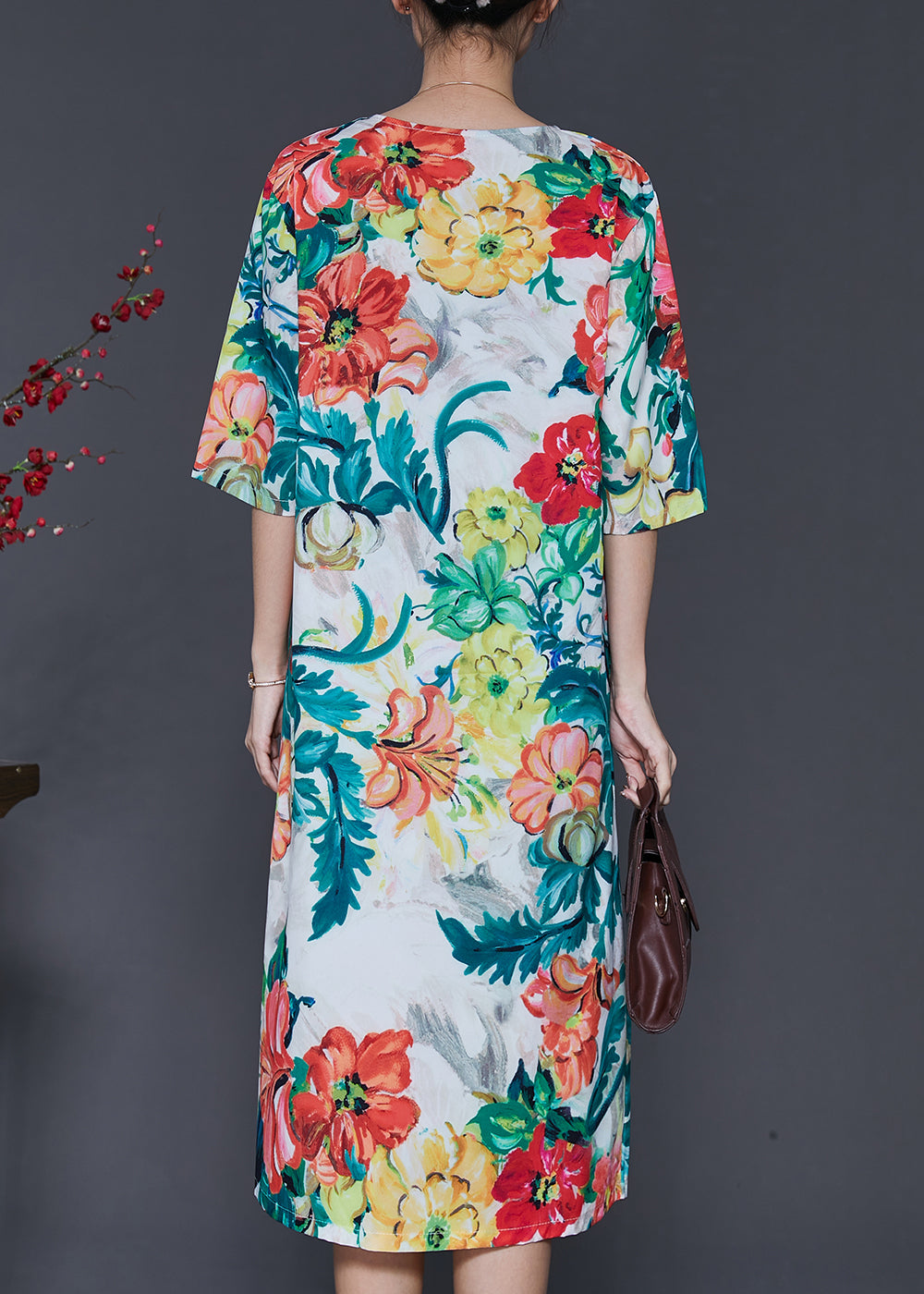 French V Neck Floral Print Silk Dress Half Sleeve SD1035