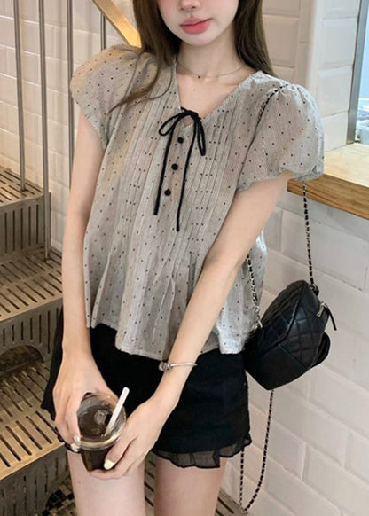 V Neck French Top Up Puff Sleeve Lace Cotton Wrinkled