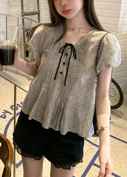 V Neck French Top Up Puff Sleeve Lace Cotton Wrinkled