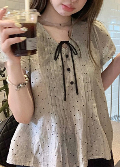 V Neck French Top Up Puff Sleeve Lace Cotton Wrinkled