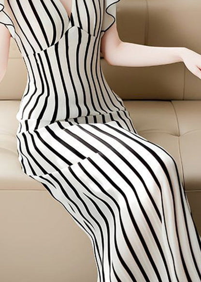 Hohe Taille Chiffon Sommerkleid V Französisch Gestreiften Hals