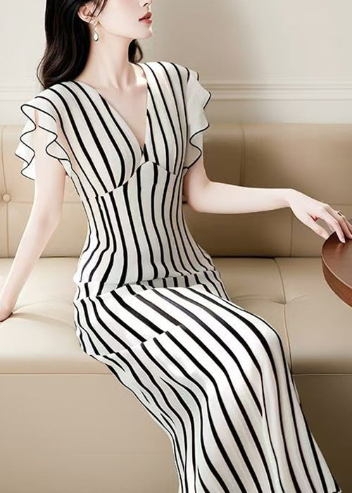 Hohe Taille Chiffon Sommerkleid V Französisch Gestreiften Hals