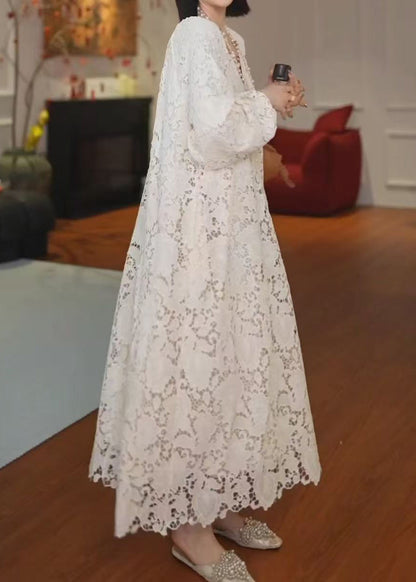 Robe longue en dentelle ajourée beige polyvalente française d'été ZL001