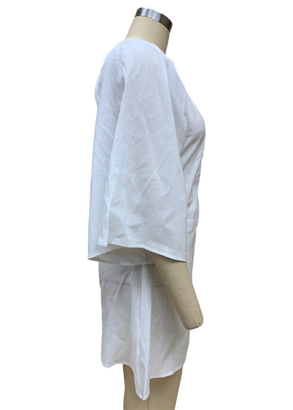 Robe mi-longue asymétrique en coton uni blanc français avec manches bracelet QE044