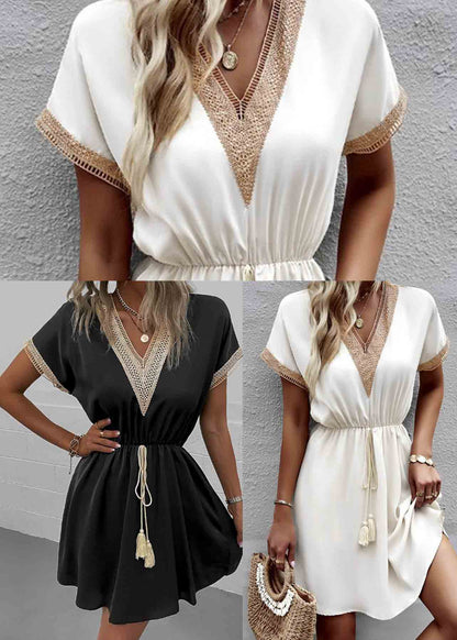 Lace Summer White French Dress Cinched Patchwork Mini