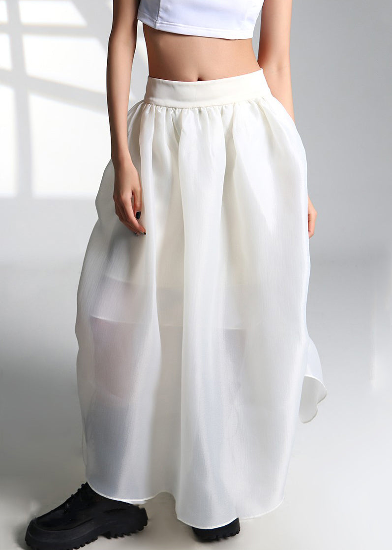 French White Drawstring High Waist Tulle Skirt Summer Ada Fashion