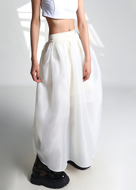 French White Drawstring High Waist Tulle Skirt Summer Ada Fashion