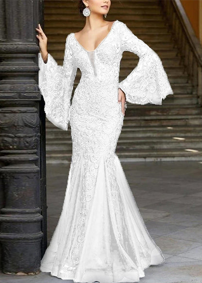 Bestickte Ärmel Französisch Fishtail Flare Kleider Spitze Solide Weiß