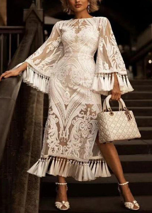 French White Embroidered Tasseled Lace Dress Two Pieces Set Fall QR015