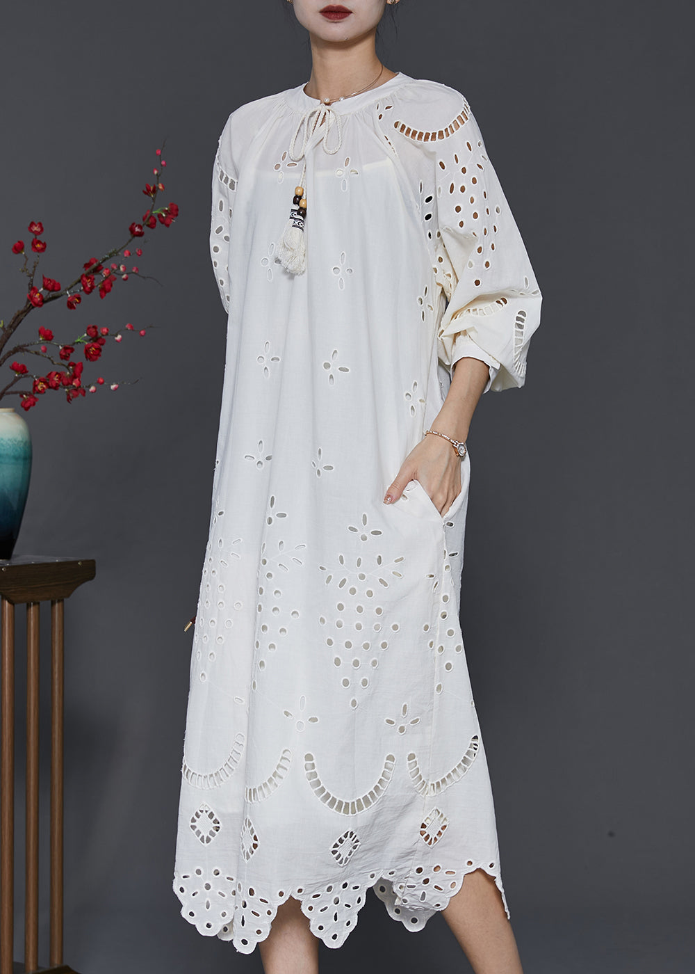 French White Hollow Out Cotton Long Dress Spring SD1031