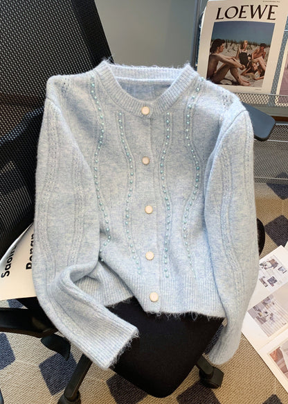 Pull en laine blanc français à col rond et perles pour l'automne QI035