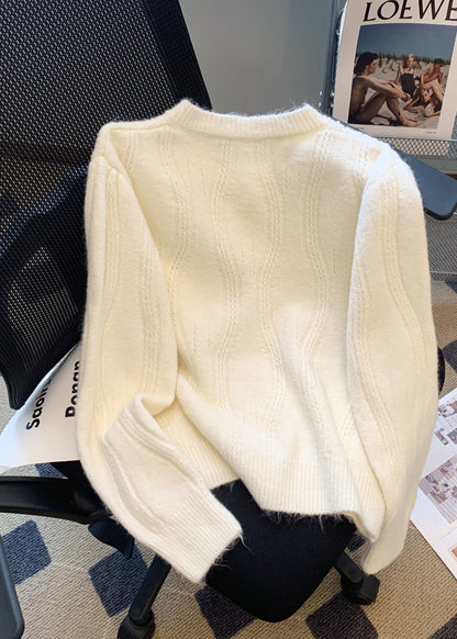 Pull en laine blanc français à col rond et perles pour l'automne QI035