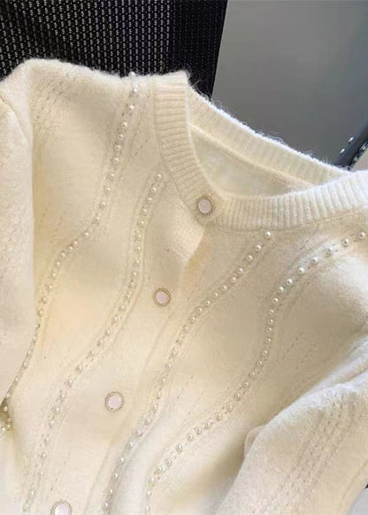 Pull en laine blanc français à col rond et perles pour l'automne QI035