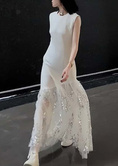 Robe patchwork en tulle à paillettes et col rond blanc français sans manches ZL045