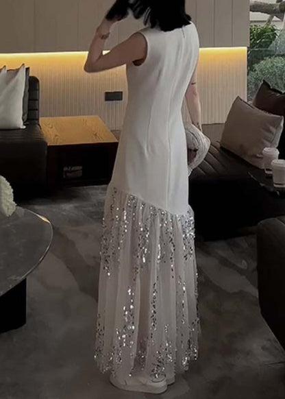 Robe patchwork en tulle à paillettes et col rond blanc français sans manches ZL045