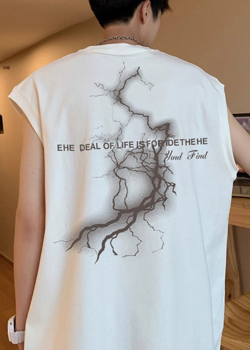 Men's French Print Oversized Sleeveless Cotton Tanks White