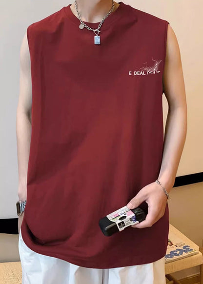 Men's French Print Oversized Sleeveless Cotton Tanks White