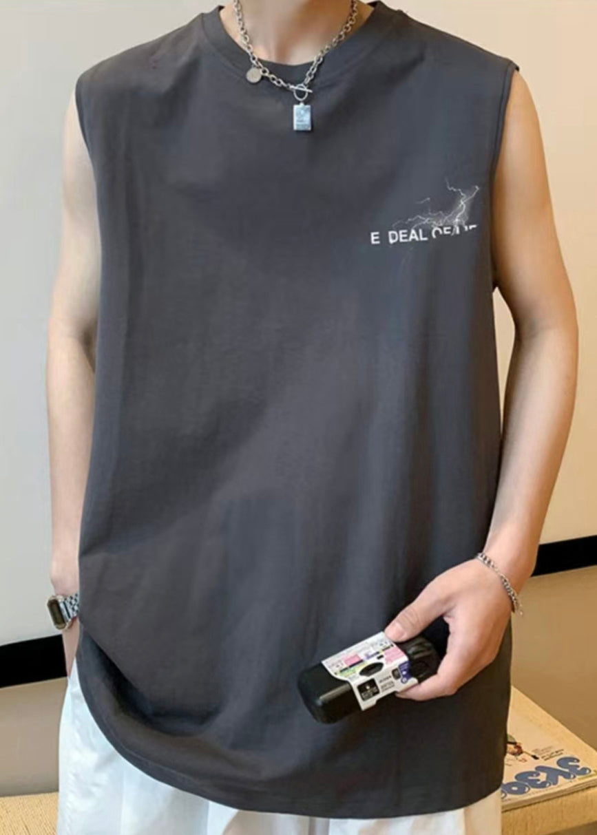 Men's French Print Oversized Sleeveless Cotton Tanks White