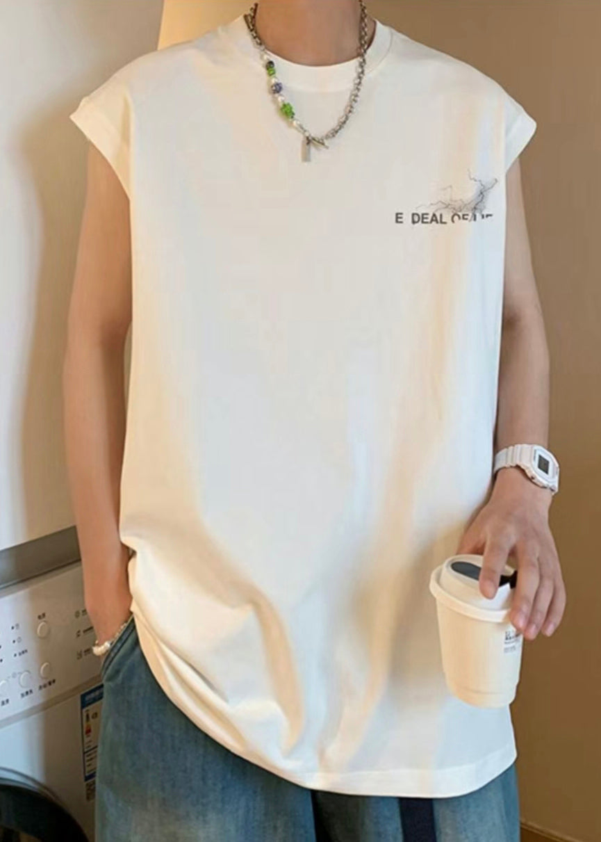 Men's French Print Oversized Sleeveless Cotton Tanks White