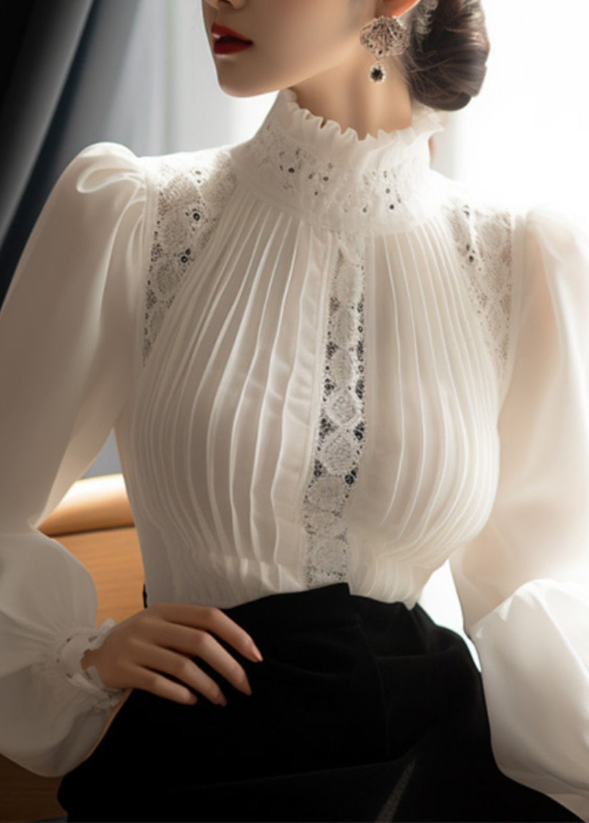 Lace Patchwork White Cotton French Puff Sleeve Wrinkled Top