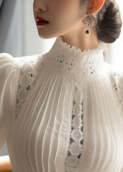 Lace Patchwork White Cotton French Puff Sleeve Wrinkled Top
