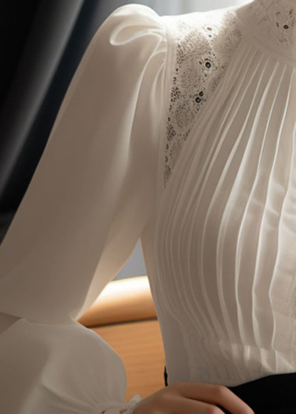 Lace Patchwork White Cotton French Puff Sleeve Wrinkled Top