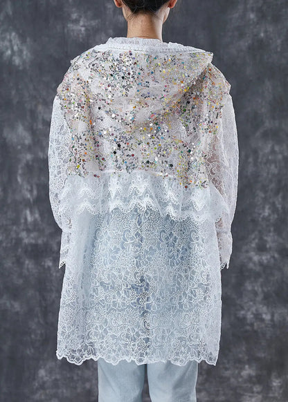 French White Sequins Hollow Out Lace Jackets Spring Ada Fashion