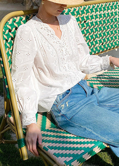 Chemise à col français brodée blanche en V, en coton, printemps