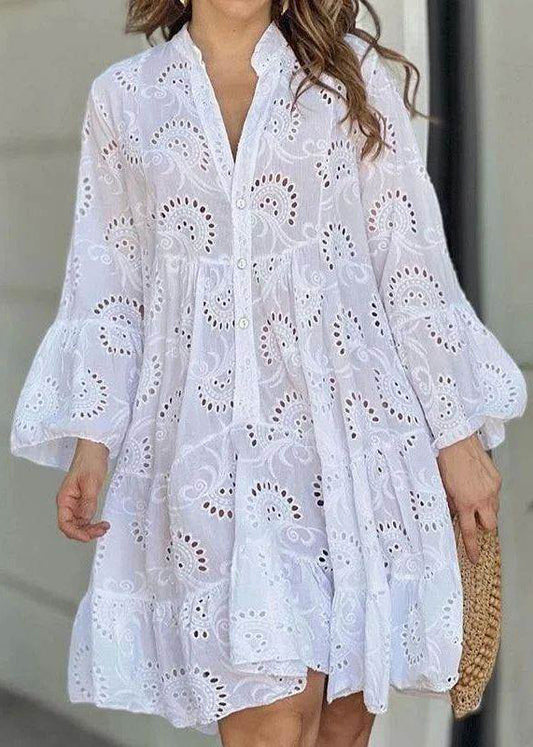 White V Holiday French Hollow Dress Neck Out Lace Long Fall