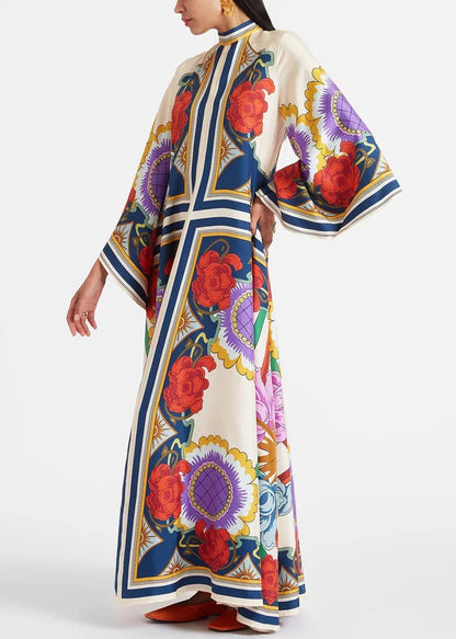Neck Up Französisch Baumwolle Kleider Maxi Frühling Druck V Spitze Weiß