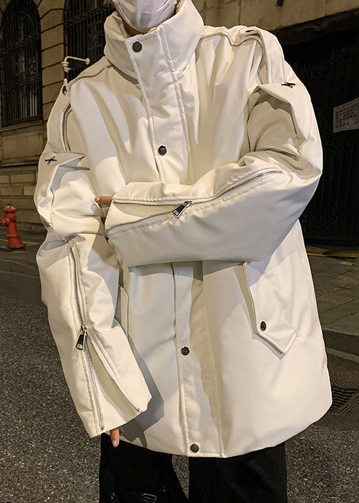 Parka d'hiver en similicuir blanc avec fermeture éclair et bouton pour homme WL012