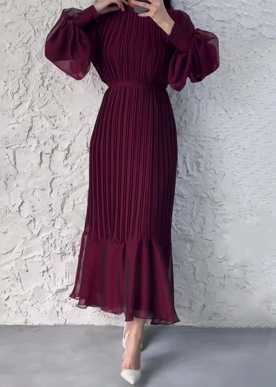 French Wine Red Wrinkled High Waist Chiffon Dress Fall QL008