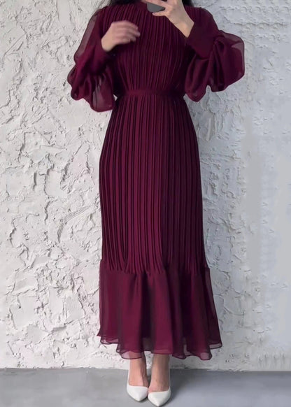 Robe en mousseline de soie taille haute froissée rouge vin français Automne QL008