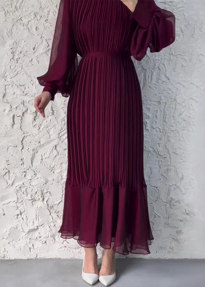 Robe en mousseline de soie taille haute froissée rouge vin français Automne QL008